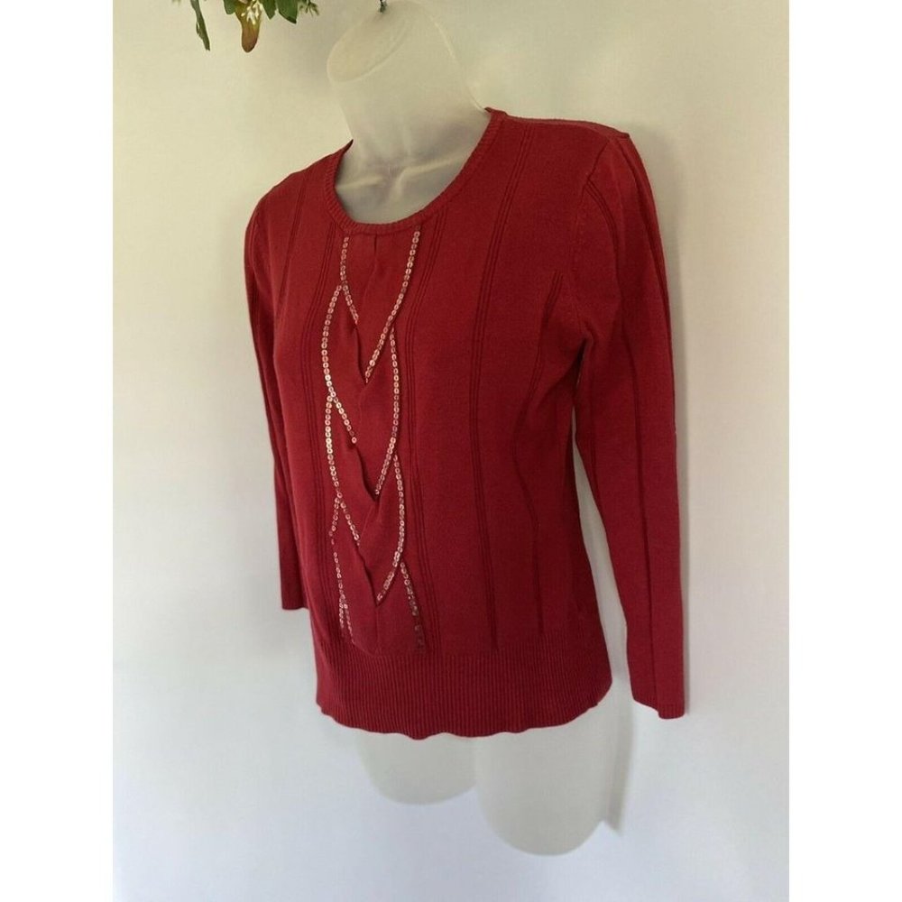 Apostrophe Red Sequined Cable Sweater Size Small - Picture 2 of 10